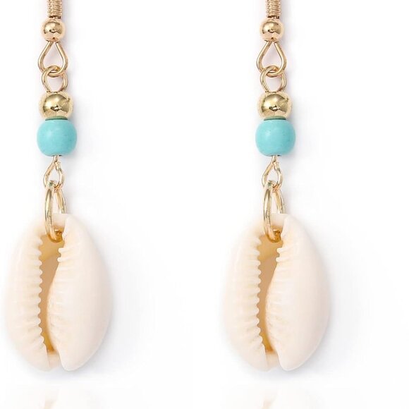 Boho Cowrie Shell Turquoise Gold Earrings for Women - Dangle Body Jewelry - Picture 7 of 8